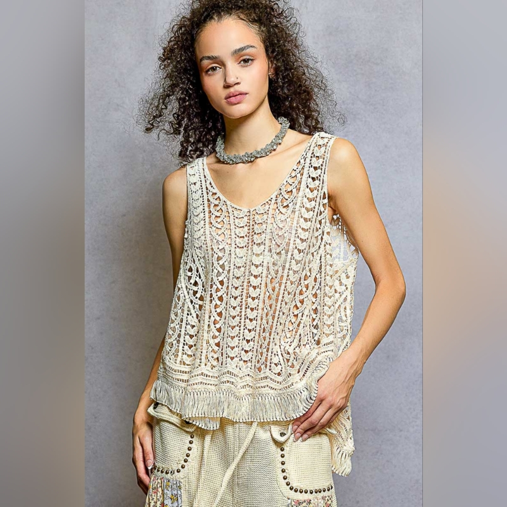 155 POL OS Crochet Fringe Tank In Natural